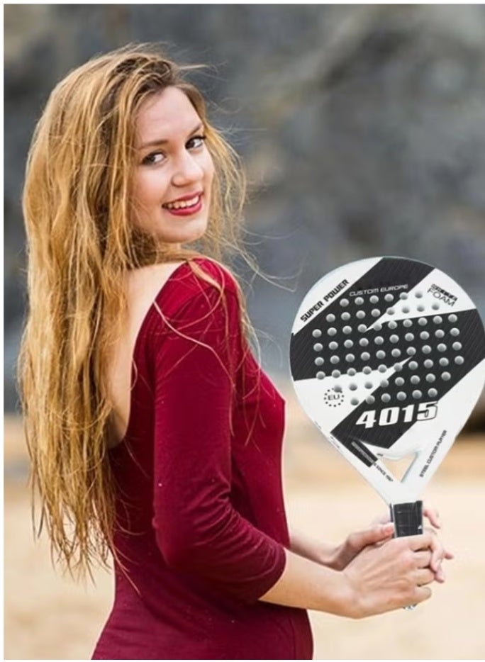 Beach tennis racket, unisex, carbon fiber head with EVA memory foam core, high ball control, includes racket cover, white version. - Image 5